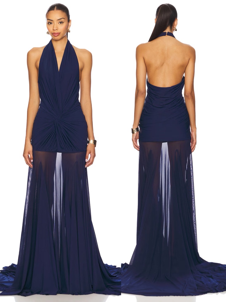 Deme By Gabriella Chloe Halter Gown Navy Blue New